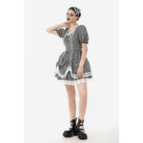 Dark In Love Razor's Edge Puff Sleeves Pinstripe Lolita Dress