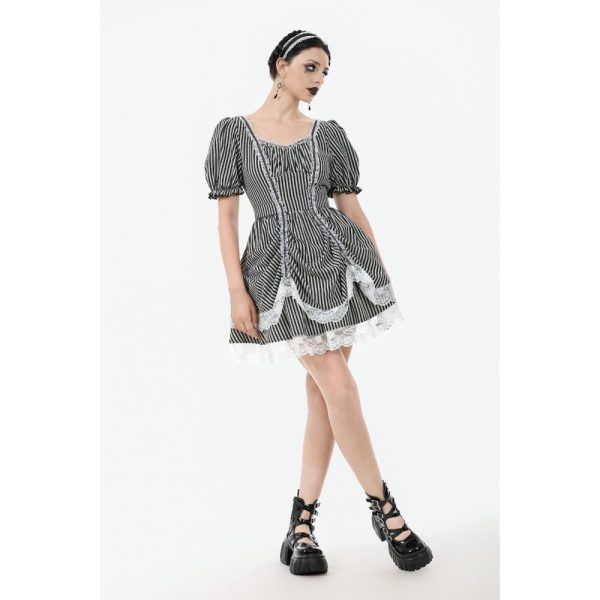 Dark In Love Razor's Edge Puff Sleeves Pinstripe Lolita Dress