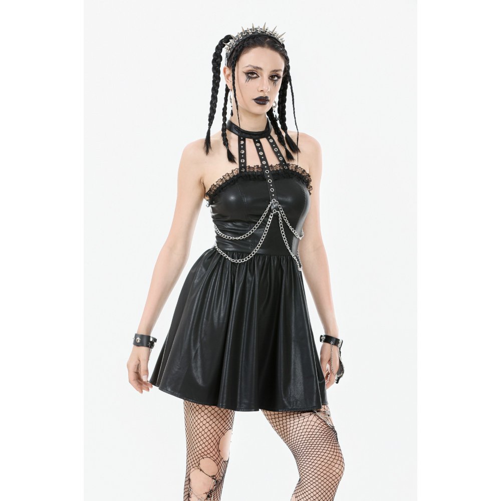 Dark In Love Tara Faux Leather & Chain Detail Dress