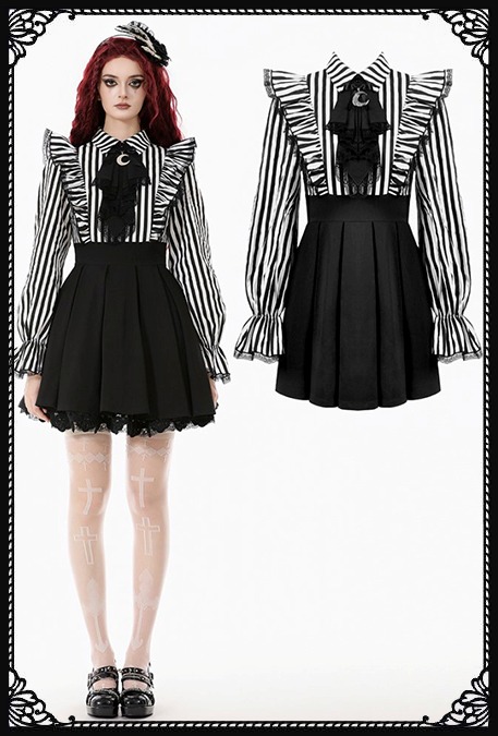 Dark In Love Beetlejuice’s Mania Striped & Ruffles On Shoulder Gothic Dress