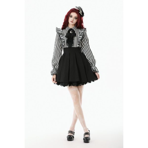 Dark In Love Beetlejuice's Mania Striped & Ruffles On Shoulder Gothic Dress