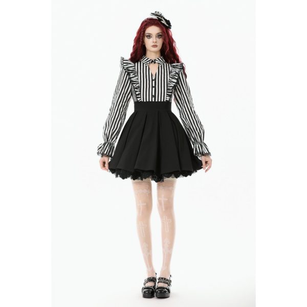 Dark In Love Beetlejuice's Mania Striped & Ruffles On Shoulder Gothic Dress