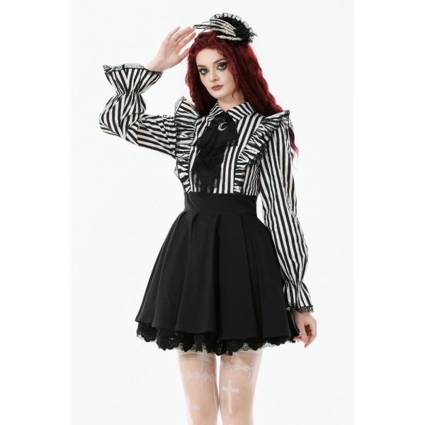 Dark In Love Beetlejuice's Mania Striped & Ruffles On Shoulder Gothic Dress