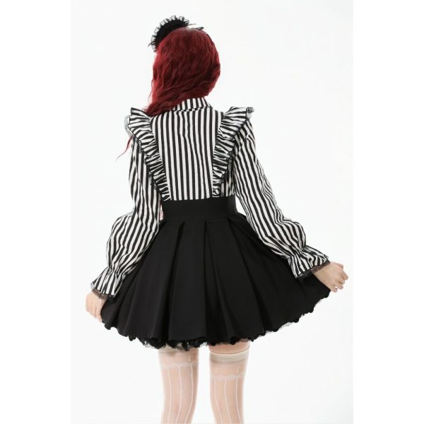 Dark In Love Beetlejuice's Mania Striped & Ruffles On Shoulder Gothic Dress