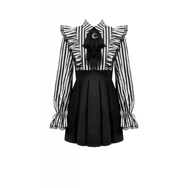 Dark In Love Beetlejuice's Mania Striped & Ruffles On Shoulder Gothic Dress