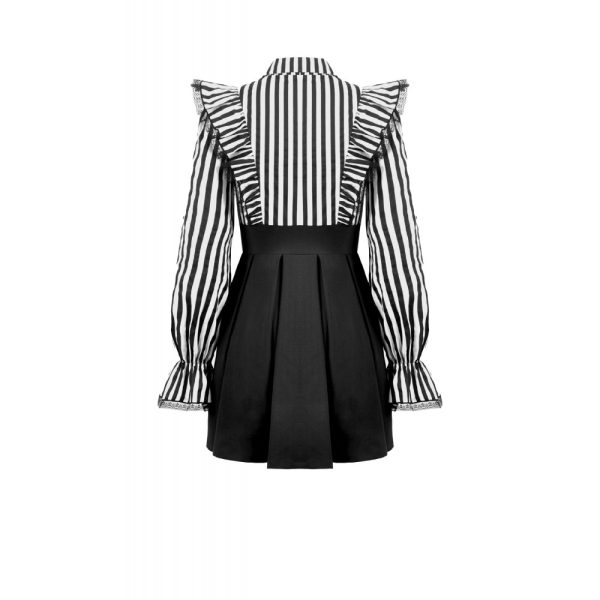 Dark In Love Beetlejuice's Mania Striped & Ruffles On Shoulder Gothic Dress