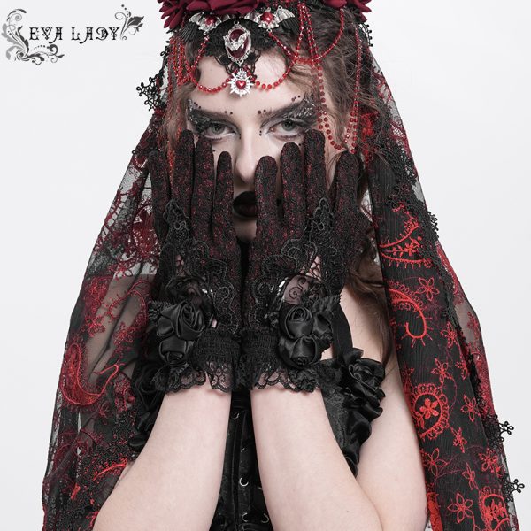Eva Lady Rosita Lace Black/Red Gothic Gloves
