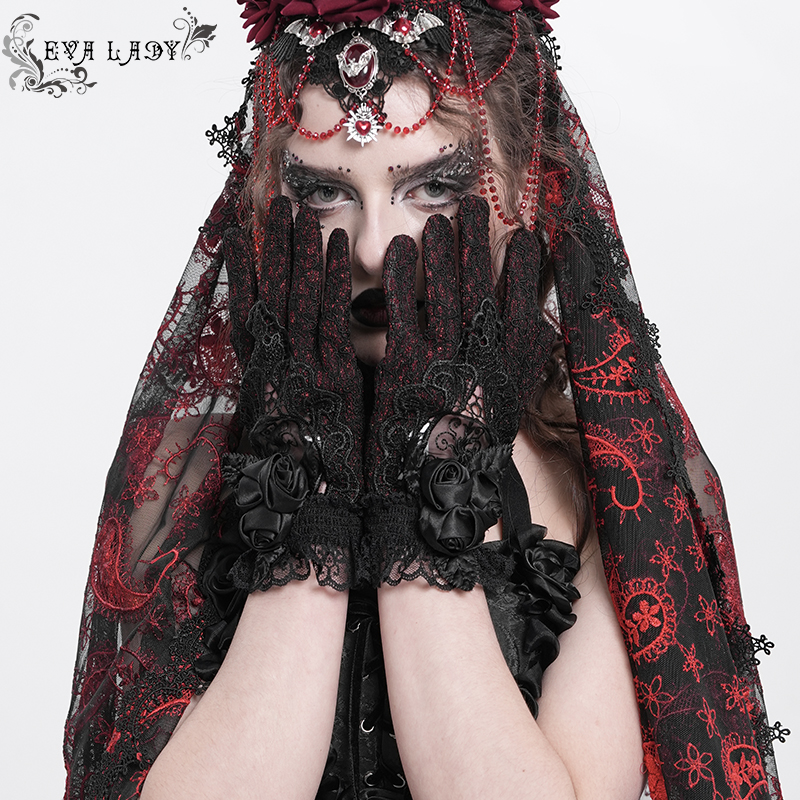 Eva Lady Rosita Lace Black/Red Gothic Gloves