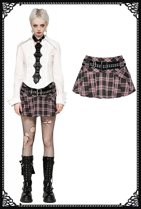 Dark In Love Harajuku Rebel Pink Tartan Skirt With Studded Belt