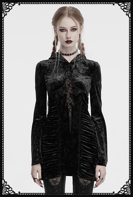Punk Rave Hexed Velvet Cross Detail Hooded Gothic Dress