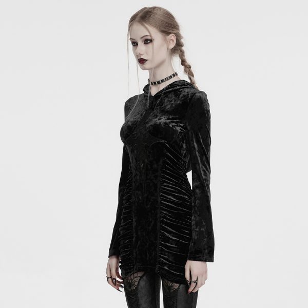 Punk Rave Hexed Velvet Cross Detail Hooded Gothic Dress