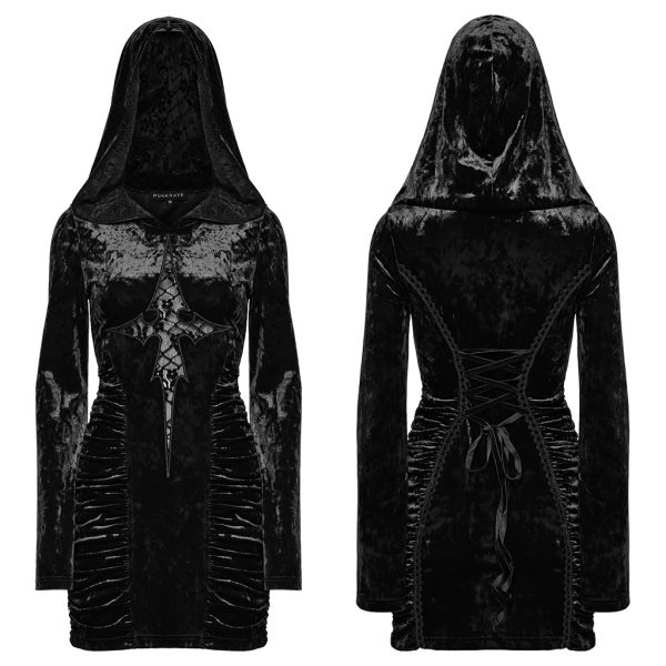 Punk Rave Hexed Velvet Cross Detail Hooded Gothic Dress