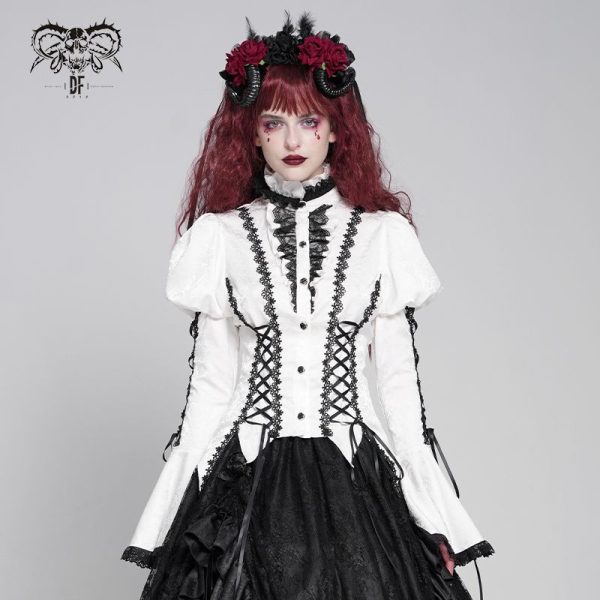 Devil Fashion Addams Bell Sleeves & Puff Shoulder White Gothic Blouse