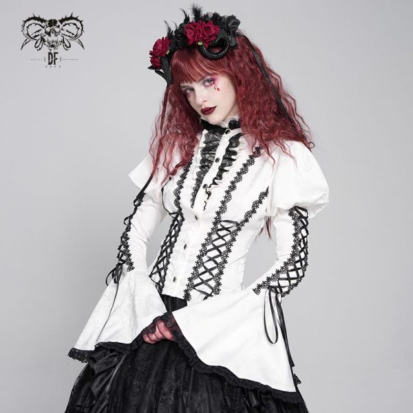Devil Fashion Addams Bell Sleeves & Puff Shoulder White Gothic Blouse