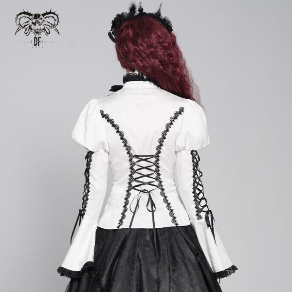 Devil Fashion Addams Bell Sleeves & Puff Shoulder White Gothic Blouse