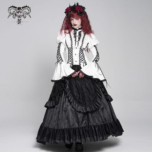 Devil Fashion Addams Bell Sleeves & Puff Shoulder White Gothic Blouse