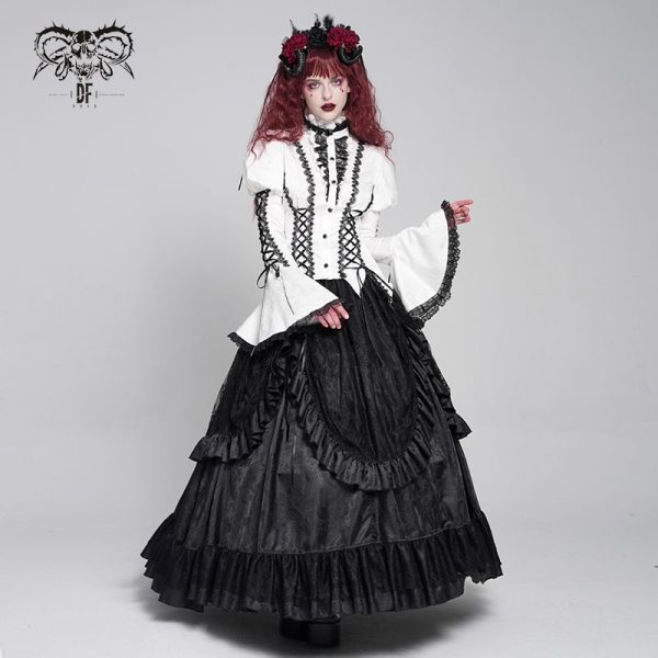 Devil Fashion Addams Bell Sleeves & Puff Shoulder White Gothic Blouse
