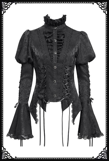 Devil Fashion Addams Bell Sleeves & Puff Shoulder Black Gothic Blouse