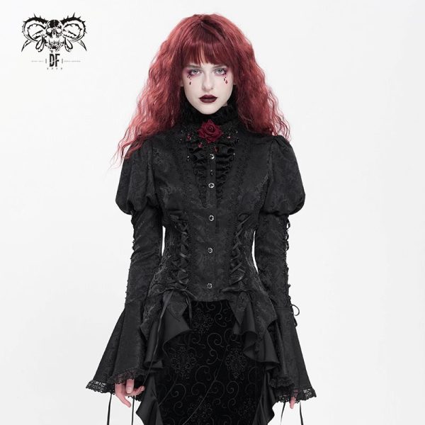 Devil Fashion Addams Bell Sleeves & Puff Shoulder Black Gothic Blouse