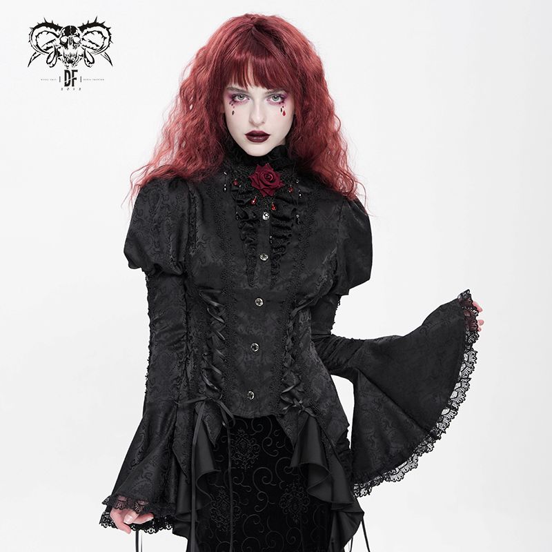 Devil Fashion Addams Bell Sleeves & Puff Shoulder Black Gothic Blouse