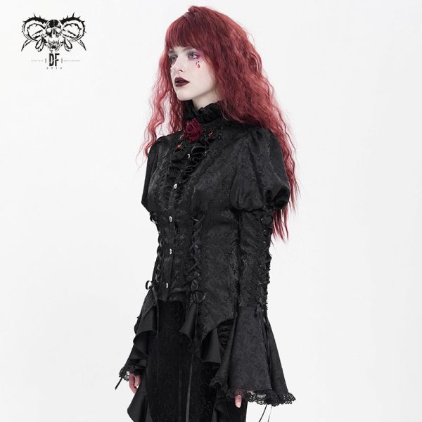 Devil Fashion Addams Bell Sleeves & Puff Shoulder Black Gothic Blouse