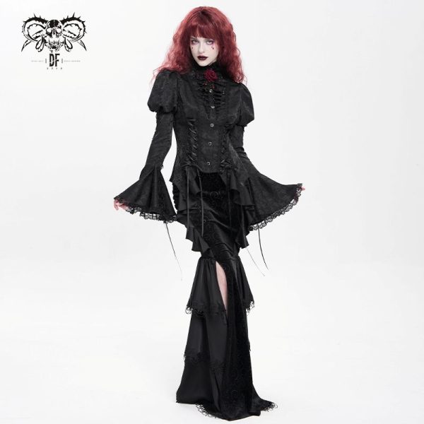 Devil Fashion Addams Bell Sleeves & Puff Shoulder Black Gothic Blouse