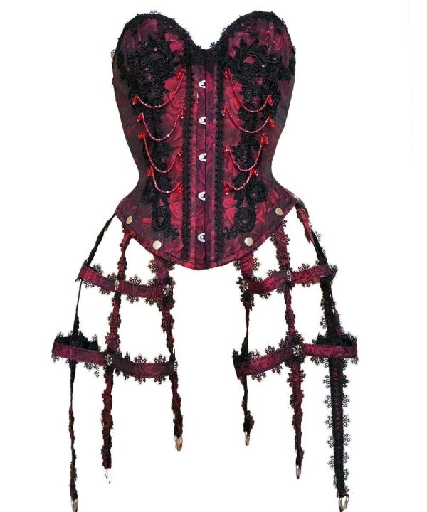 SaiSai Red Burlesque Over Bust Corset With Ornamental Cage Attachments