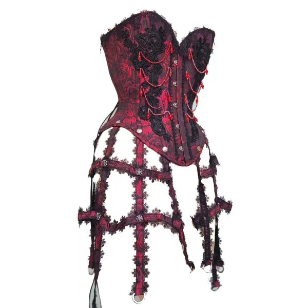 SaiSai Red Burlesque Over Bust Corset With Ornamental Cage Attachments