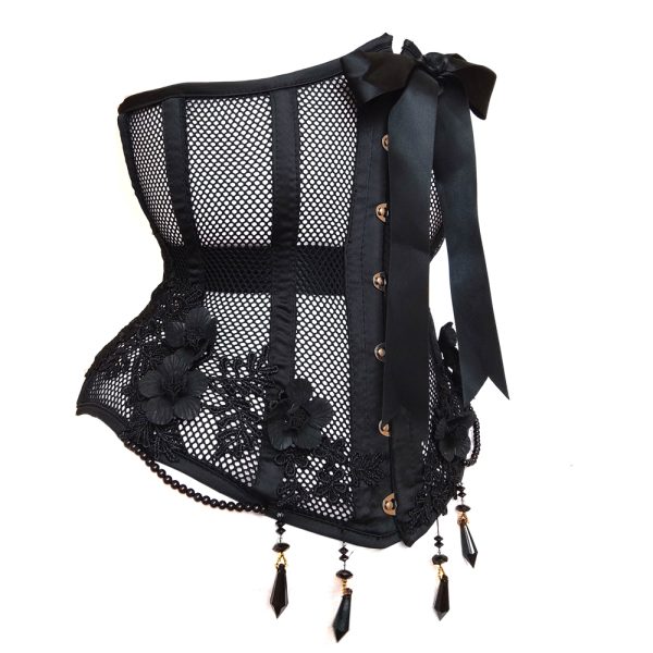 SaiSai Steel Bone Fishnet Flowers Beads Underbust Corset Black