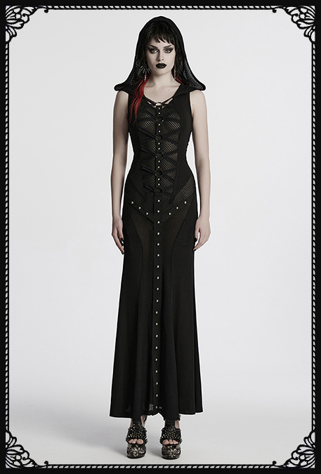 Punk Rave Cyber Priestess with Fishnet Detail Hoodie Dress