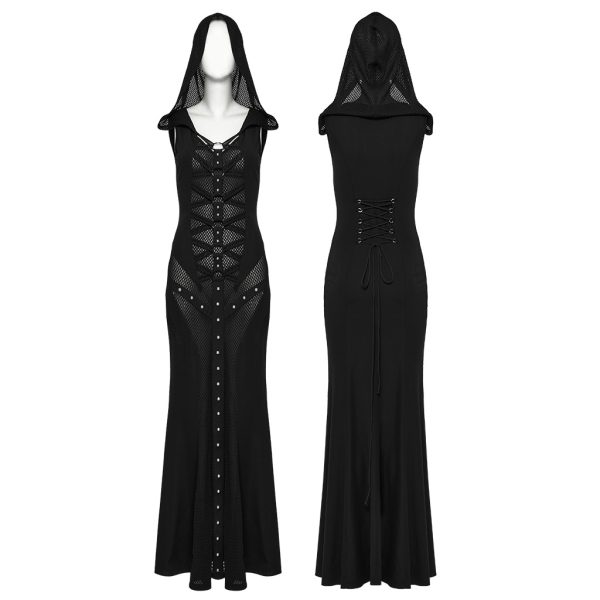 Punk Rave Cyber Priestess with Fishnet Detail Hoodie Dress