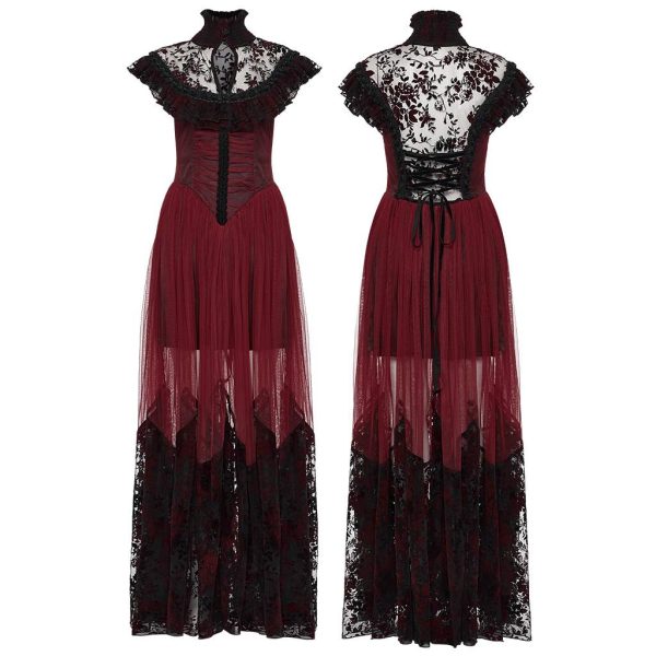 Punk Rave Dead Romance Lace Embroidered Sheer Red Gothic Dress