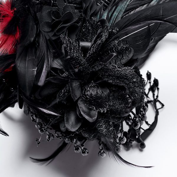 Punk Rave Raven Horns Black/Red Feather Headdress