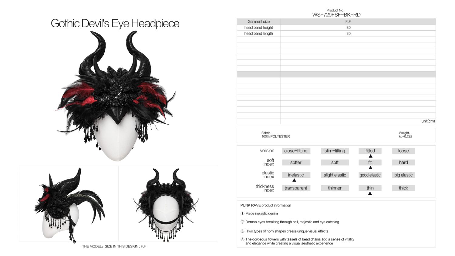 Punk Rave Raven Horns Black/Red Feather Headdress
