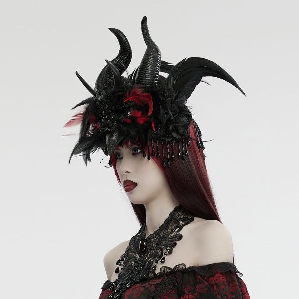 Punk Rave Raven Horns Black/Red Feather Headdress