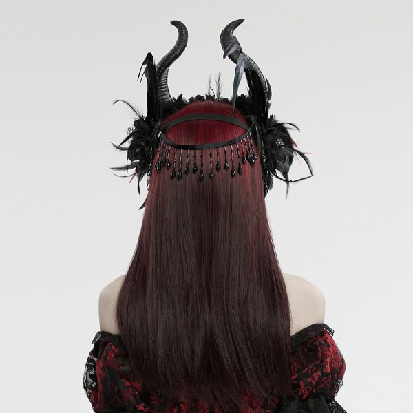 Punk Rave Raven Horns Black/Red Feather Headdress