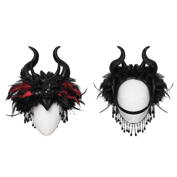 Punk Rave Raven Horns Black/Red Feather Headdress