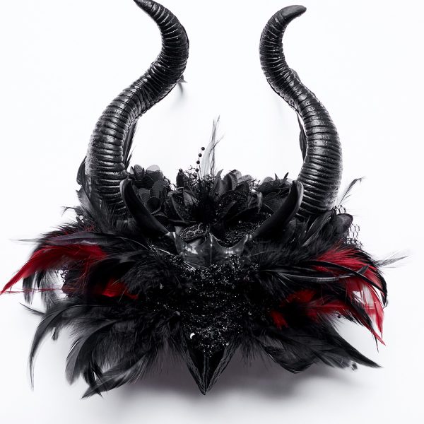 Punk Rave Raven Horns Black/Red Feather Headdress