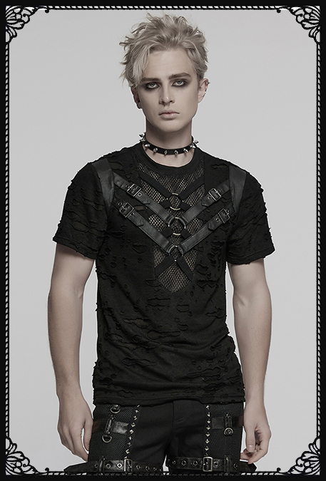 Punk Rave Deadzone Faux Leather Straps Distressed Gothic T-Shirt