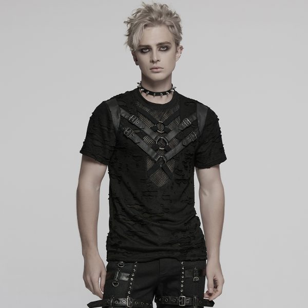 Punk Rave Deadzone Faux Leather Straps Distressed Gothic T-Shirt