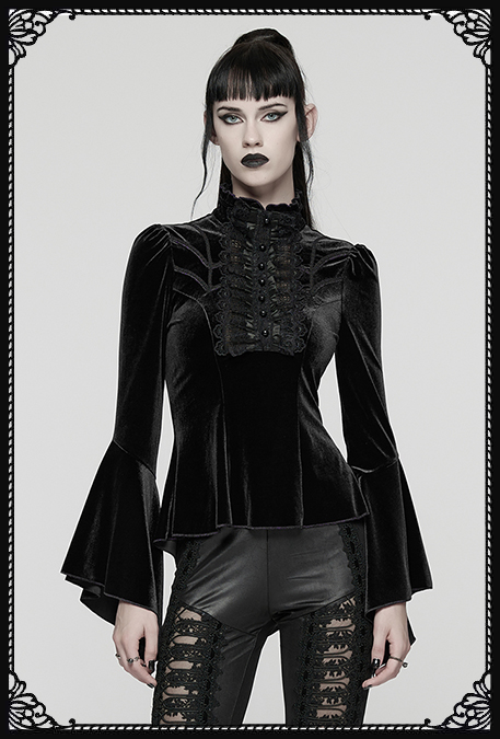 Punk Rave Amara Bell Sleeve High Neck Velvet Gothic Top