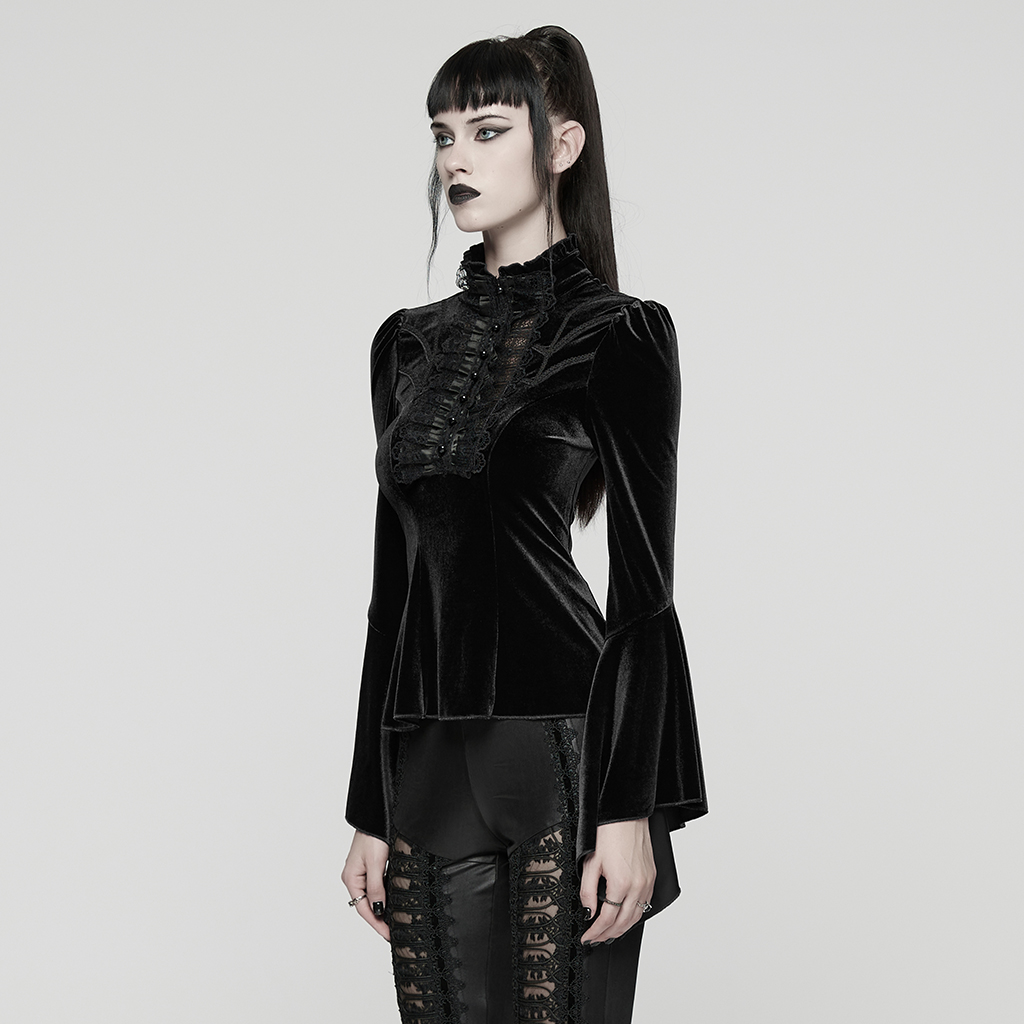 Punk Rave Amara Bell Sleeve High Neck Velvet Gothic Top