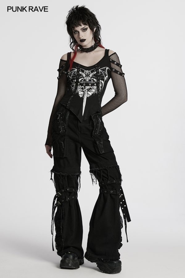 Punk Rave Batbaby Print Y2K Gothic Fishnet Top
