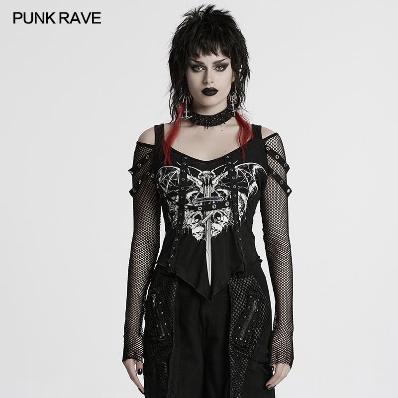 Punk Rave Batbaby Print Y2K Gothic Fishnet Top
