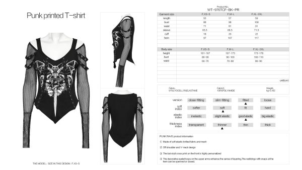 Punk Rave Batbaby Print Y2K Gothic Fishnet Top