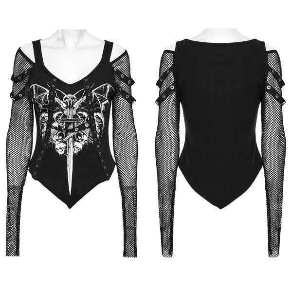 Punk Rave Batbaby Print Y2K Gothic Fishnet Top