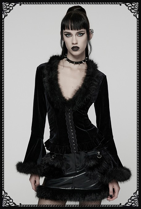 Punk Rave Goth x Brat Faux Fur Y2K Bell Sleeve Top