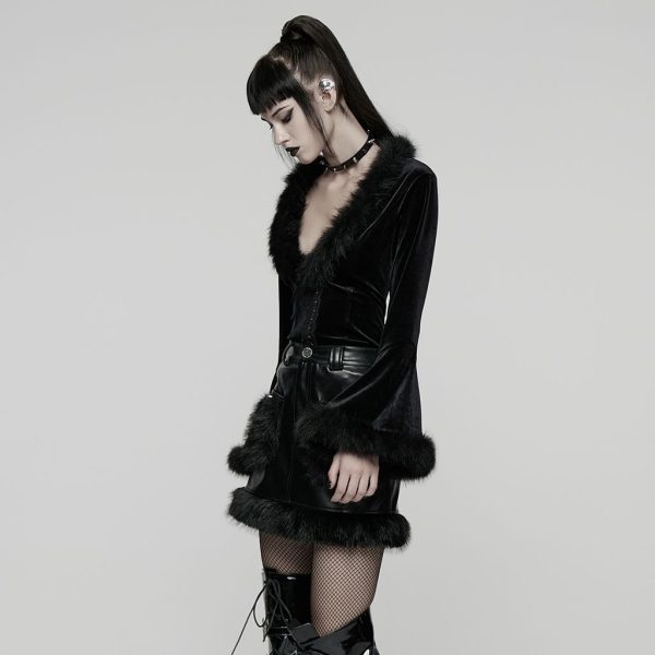 Punk Rave Goth x Brat Faux Fur Y2K Bell Sleeve Top
