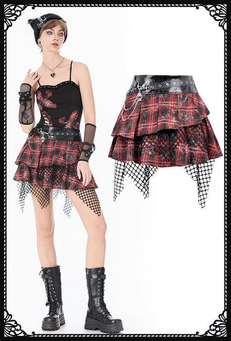 Dark In Love Billy Chain Tartan Red Skater Skirt