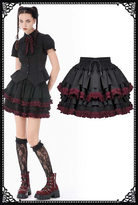 Dark In Love Dara Black & Red Tiered Gothic Lolita Skirt